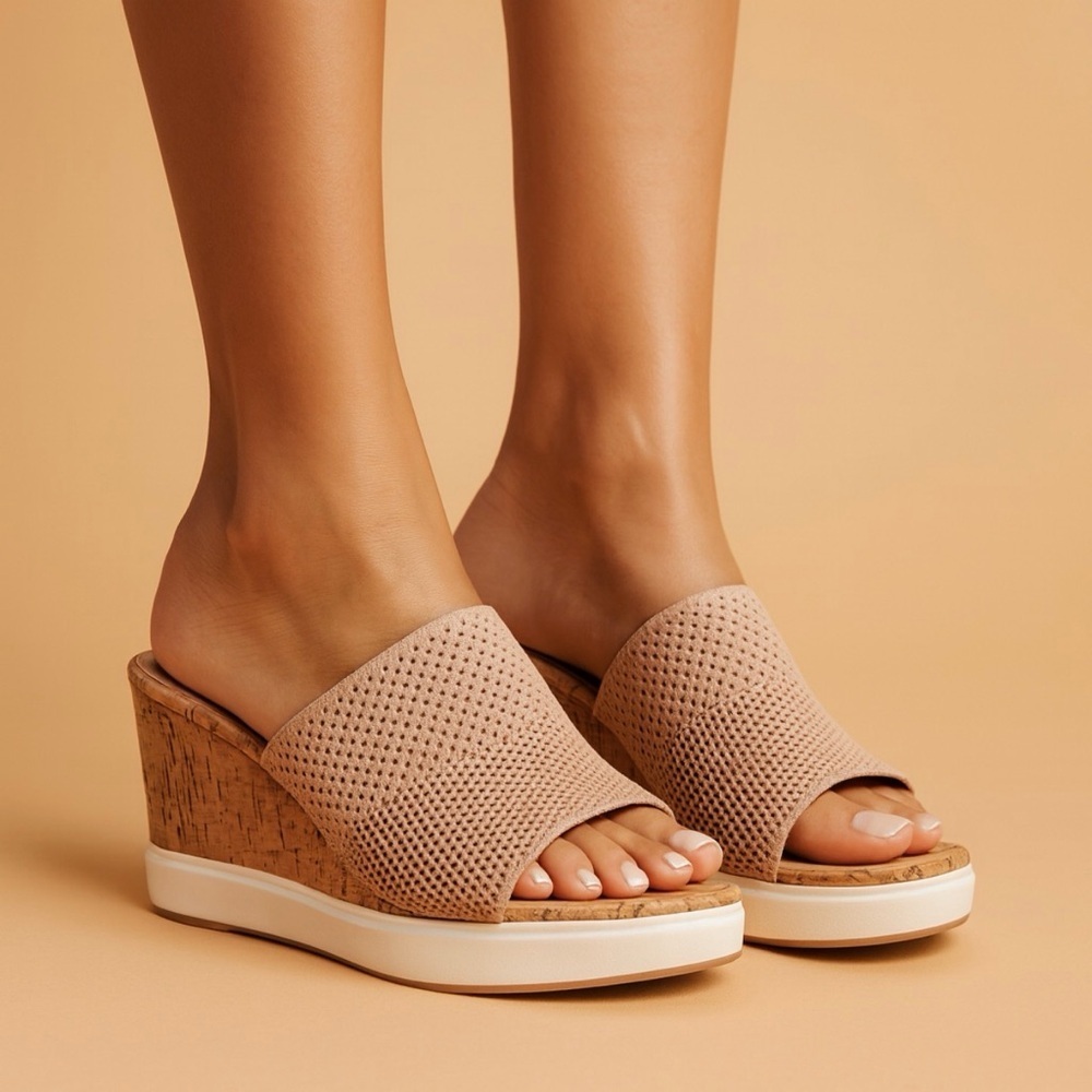 Beige Perforated Wedge Slide Sandals